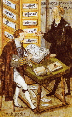 Jakob Fugger (rechts im Bild stehend) mit seinem Hauptbuchhalter Matthäus Schwarz um das Jahr 1517 in seinem augsburger Stammkontor. Jakob Fugger ließ eigens für sich eine gesonderte Arbeitskammer einrichten, die als ,,Goldene Schreibstube" bekannt wurde.  -  Mehr Informationen auf unserer Seite ,,Das Fuggerimperium"  -  HIER KLICKEN.