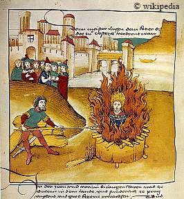 Verbrennung des Jan Hus auch Johannes Huss genannt auf dem Scheiterhaufen am 06.07.1415 in Konstanz. Darstellung aus der Spiezer Chronik von 1485  -  Für eine größer Bilddarstellung klicken Sie bitte auf das Bild.