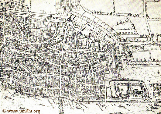 London im Jahre 1574 - im Vordergrund der Stalhof - Stiliards - Grundriss von Braun U. Hogenberg  -  Für eine größe Darstellung klicken Sie bitte auf das Bild.